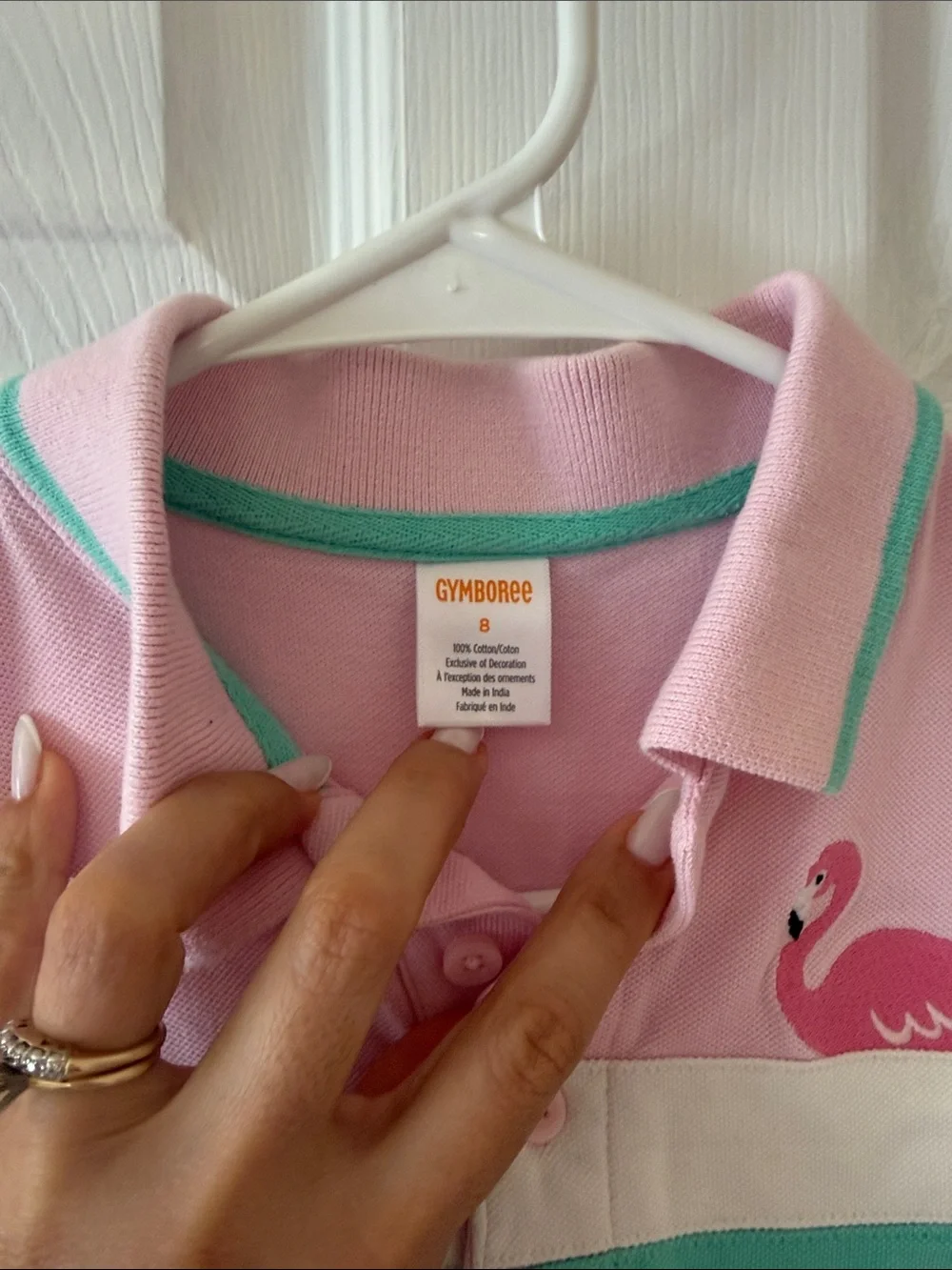 Gymboree Pink Polo with Teal and White Stripes and Flamingo Patch